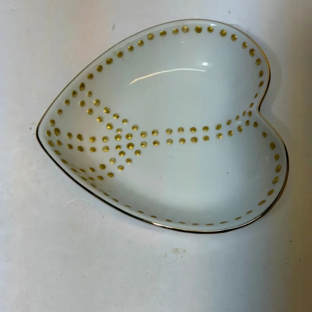 Pottery Barn Heart Trinket Dish White Ceramic Gold Dotted Peace Sign Decorative